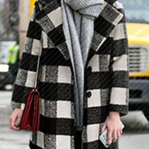 Lapel Collar Long Sleeve Plaid Pocket Stitching Heavyweight Loose Coat For Women, Coats, color:As Picture|size:4XL, Noracora