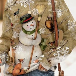Women's Sweatshirt Christmas Snowman Printed Crew Neck Regular Fit, Sweatshirts & Hoodies, color:Brown|size:XXL, JustFashionNow