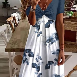 Jersey Casual Floral V Neck Dress, JustFashionNow Floral Dresses, color:white-blue|size:XXL,