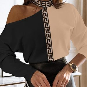 Urban Cold Shoulder Loose Color Block T-Shirt, Tees, color:Khaki|size:XXL, Stylewe