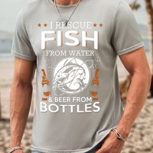 Men Rescue Fish And Beer  Waterproof Oilproof And Stainproof Fabric T-Shirt, color:Light Gray|size:3XL, Lilicloth.com