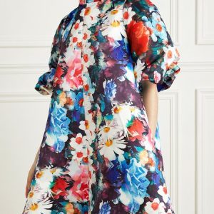 Stylewe Stand Collar Short sleeve Elegant Floral Loose Skirt Dress, Dresses, color:As Picture|size:XXL, Stylewe