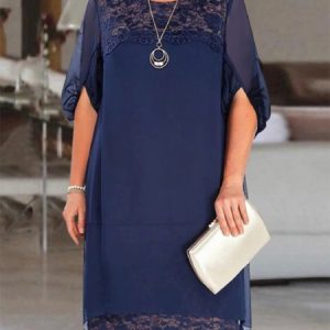 Lace Crew Neck Plain Party Dress, DRESSES, color:Navyblue|size:5XL, Noracora
