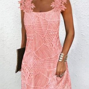 Lace Loose Crew Neck Casual Plain Dress, Midi, color:Pink|size:XXL, Noracora