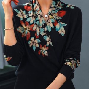 Floral Regular Fit Casual V Neck Top, Shirts & Blouses, color:Black|size:XXL, JustFashionNow