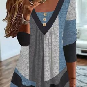 V Neck Buttoned Casual Color Block Ruched Tunic, Tops, color:Multicolor|size:XXL, JustFashionNow