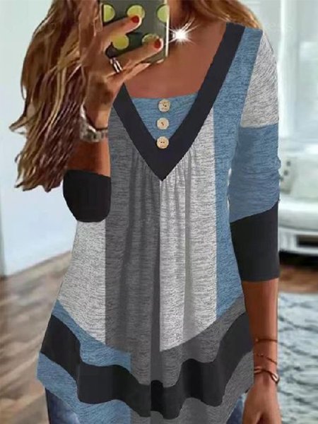 V Neck Buttoned Casual Color Block Ruched Tunic, Tops, color:Multicolor|size:XXL, JustFashionNow