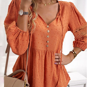 Lace Plain V Neck Casual Shirt, Shirts & Blouses, color:Orange|size:XXL, JustFashionNow