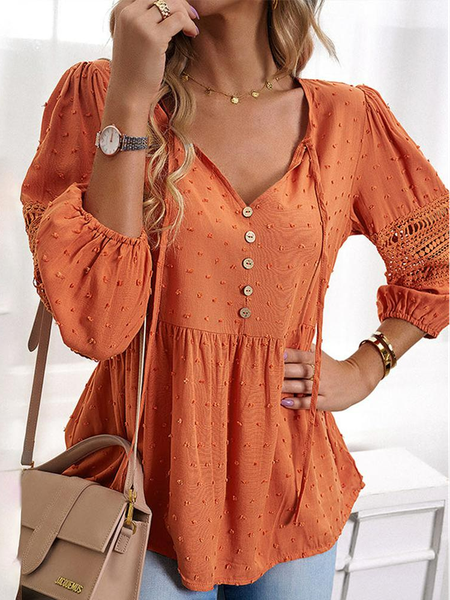 Lace Plain V Neck Casual Shirt, Shirts & Blouses, color:Orange|size:XXL, JustFashionNow