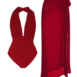 Tropical V Neck Casual One Piece With Cover Up, Swimsuit with Coverups, color:Red|size:XXL, Stylewe