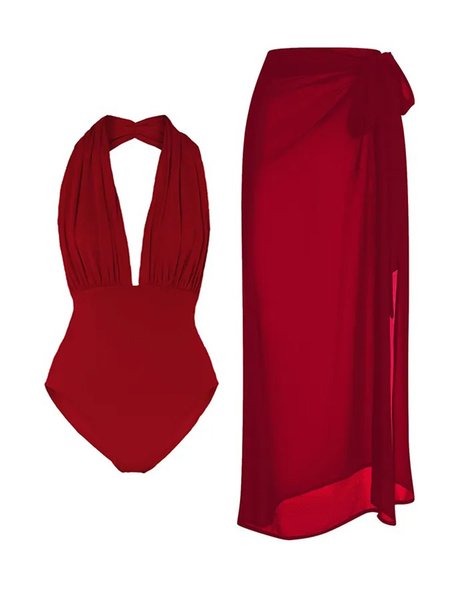 Tropical V Neck Casual One Piece With Cover Up, Swimsuit with Coverups, color:Red|size:XXL, Stylewe