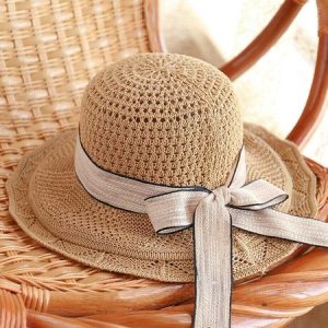 Holiday Straw Lace Bow Hat Beach Boho Women's Accessories, Women Hats, color:Khaki|size:One-size, JustFashionNow
