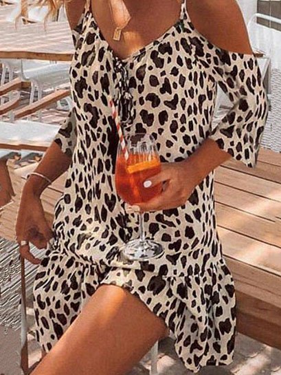 Women's Leopard Half Sleeve Summer Dress V Neck Vacation Vacation Mini H-Line Dress, JustFashionNow Dresses, color:White|size:3XL,