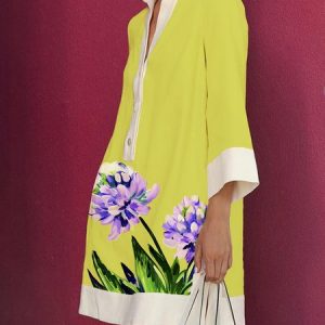 Regular Fit Elegant Shirt Collar Floral Dress, Mini Dresses, color:Yellow|size:XXL, Stylewe