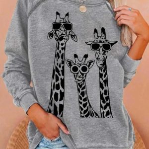 Giraffe Cotton Blends Casual Sweatshirt, color:Light Gray|size:3XL, Lilicloth.com