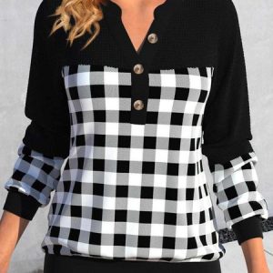 Casual V Neck Plaid Sweatshirt, Hoodies & Sweatshirts, color:Black|size:XXL, Noracora