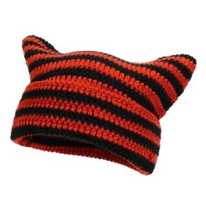 Cat Ears Striped Cotton Blend Knit Warm Hat, Women Hats, color:Red|size:One-size, JustFashionNow