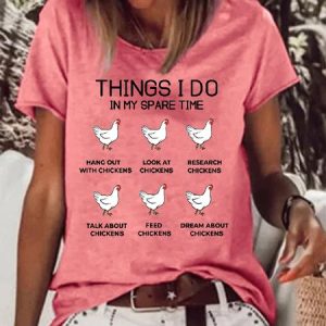 Women's Funny Chicken Things I Do In My Spare Time Hang Out With Chickens Dream About Chickens Graphic Printing Crew Neck Text Letters Casual Cotton-Blend T-Shirt, color:Red|size:3XL, Lilicloth.com