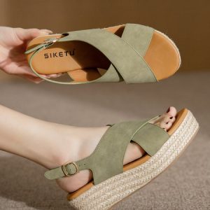 Vacation Simple Plain Cross Straps Straw Wedge Sandals, Wedges, color:Green|size:40, Stylewe