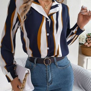 Shawl Collar Geometric Casual Loose Blouse, Shirts & Blouses, color:Deep Blue|size:XL, JustFashionNow