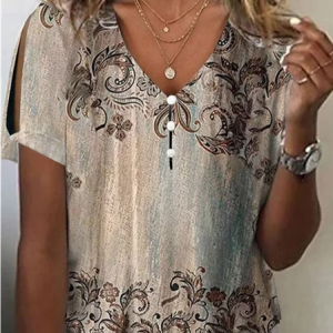 Casual Floral V Neck Shirt, Shirts & Blouses, color:Khaki|size:XXL, JustFashionNow