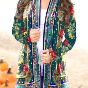 Collarless Vintage Cotton Blends Cardigan, Sweaters, color:Green|size:3XL, JustFashionNow
