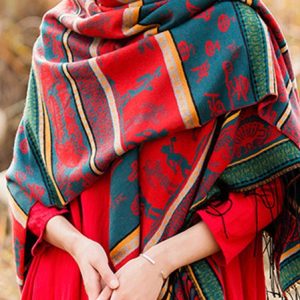 Leisure Red Green Increase Thickened Ethnic Pattern Long Cashmere Scarf Shawl Wrap, Scarves, color:As Picture|size:One-size, Noracora