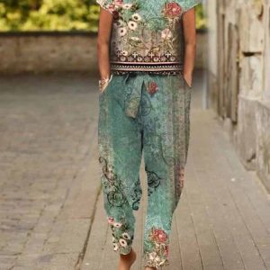 Casual Crew Neck Jersey Two-Piece Set, Suit Set, color:Multicolor|size:XXL, JustFashionNow
