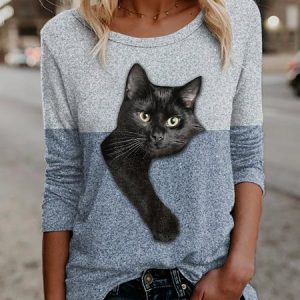 Black Cat Crew Neck Casual Loose T-Shirt, T-Shirts, color:Blue|size:XXL, JustFashionNow