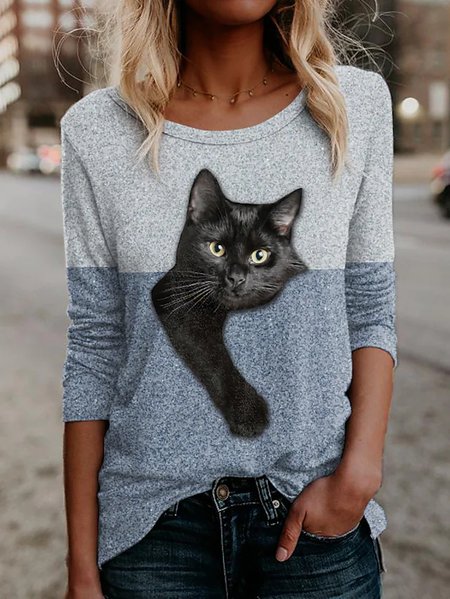 Black Cat Crew Neck Casual Loose T-Shirt, T-Shirts, color:Blue|size:XXL, JustFashionNow