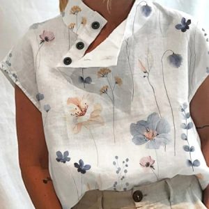 Floral Casual Loose Buckle Blouse, Blouses, color:White|size:XXL, Noracora