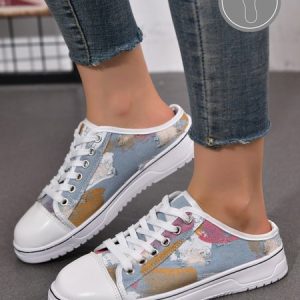 Casual Abstract Print Lace-Up Decor Canvas Mule Shoes, Sneakers, color:As Picture|size:43, JustFashionNow