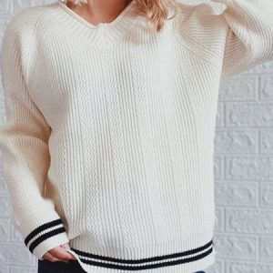 Casual Plain V Neck Sweater, Sweaters, color:White|size:XL, JustFashionNow