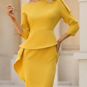 Stylewe Elegant Plain Asymmetrical Regular Fit Midi Dress, Dresses, color:Yellow|size:XXL, Stylewe