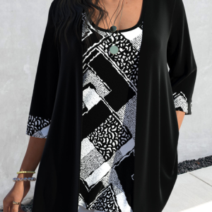 Casual Loose Crew Neck Geometric Shirt, Shirts & Blouses, color:Black|size:XXL, JustFashionNow