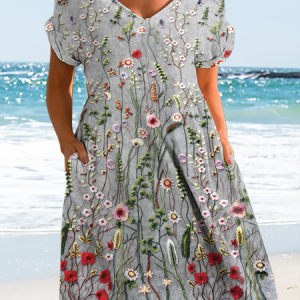 Women's Floral Casual Cotton-Blend Dress, color:Gray|size:XXL, Lilicloth.com