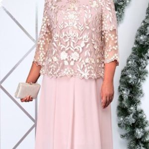Lace Embroidery Crew Neck Loose Party Dress, Sets, color:Pink|size:5XL, Noracora