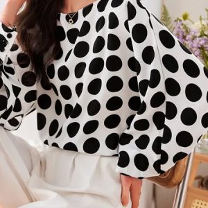 Loose Polka Dots Urban Crew Neck Blouse, Blouses and Shirts, color:White|size:XXL, Stylewe