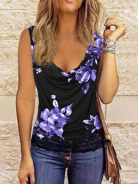 Floral Regular Fit Simple Tank Top, Tanks & Camis, color:Blue|size:XXL, JustFashionNow