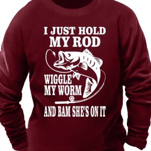 Men’s I Just Hold My Rod Wiggle My Worm And Bam She’s On It Casual Crew Neck Sweatshirt, color:Red|size:3XL, Lilicloth.com