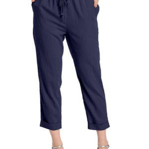 Women's Casual Capri Pants Linen Elastic Crop Relaxed Pants, color:Navyblue|size:XXL, Lilicloth.com