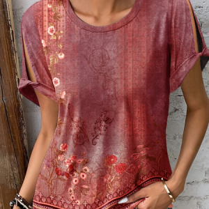 Crew Neck Floral Casual Shirt, Shirts & Blouses, color:Red|size:XXL, JustFashionNow