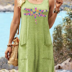 Women's Dragonfly Flowers Casual Crew Neck Dress, color:Green|size:3XL, Lilicloth.com