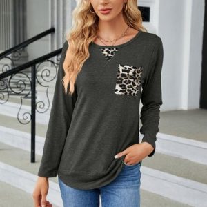 Urban Casual Leopard Stitching High Elastic Long Sleeve T-Shirt Daily Women's Clothing, T-Shirts, color:Deep Gray|size:XXL, JustFashionNow