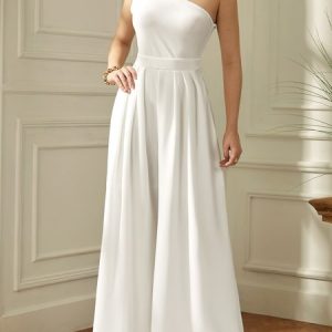 Plain Sleeveless One Shoulder Urban Regular Fit Jumpsuit, Jumpsuits, color:White|size:XXL, Stylewe