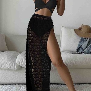 V Neck Vacation Plain Bikini With Cover Up, Swimsuit with Coverups, color:Black|size:L, Stylewe