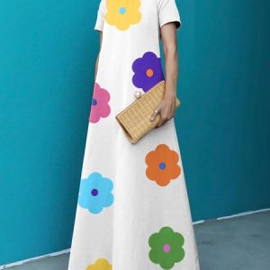Stand Collar Floral Loose Short Sleeve Vacation Dress, Maxi Dresses, color:White|size:XXL, Stylewe