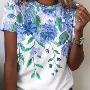 Floral Crew Neck Casual Loose T-Shirt, T-Shirts, color:Blue|size:XXL, JustFashionNow