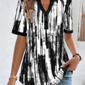Summer Abstract Graffiti Design V-Neck Loose Top, Shirts & Blouses, color:Black|size:XXL, JustFashionNow