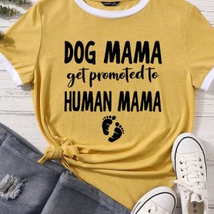 Lilicloth X Funnpaw Women's Dog Mama Get Promoted To Human Mama Matching T-Shirt, color:Yellow|size:XXL, Lilicloth.com
